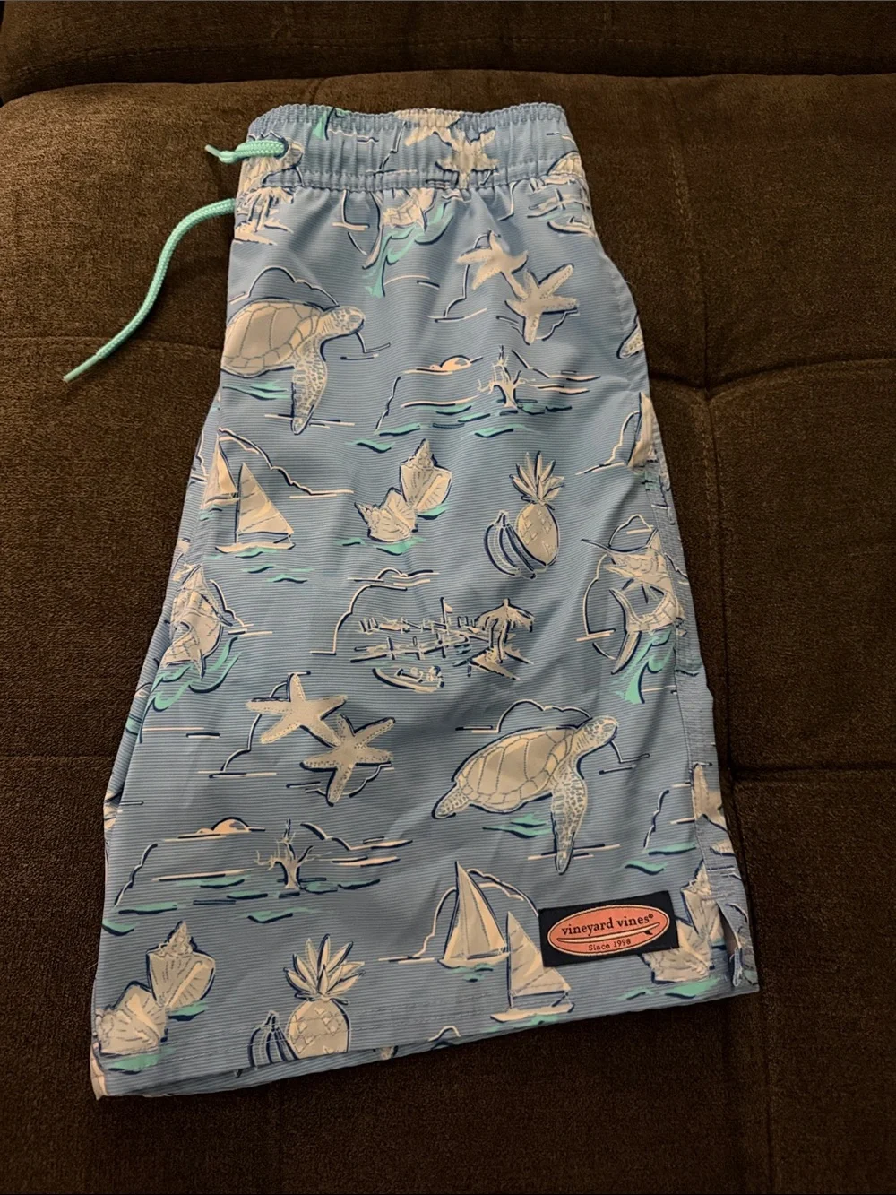 Vineyard Vines Light Blue Kids Swim Trunks with Sea Life Print